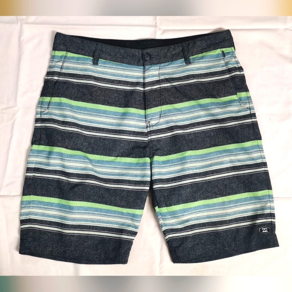 Billabong Men's Black Green Blue Striped Board Shorts 33